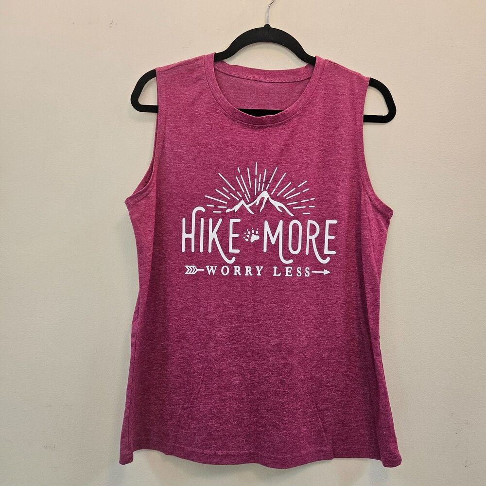 Hike More Worry Less Sleeveless T-Shirt Unisex Size M Wine Red Outdoor Hiking